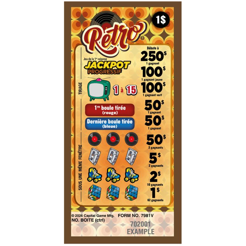 Billet à languettes avec jackpot progressif à l’allure rétro.