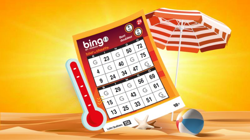 Billet du bingo en réseau Tour de chauffe avec des éléments graphiques d’été, comme un parasol, un soleil et un ballon de plage, placés autour du billet.  